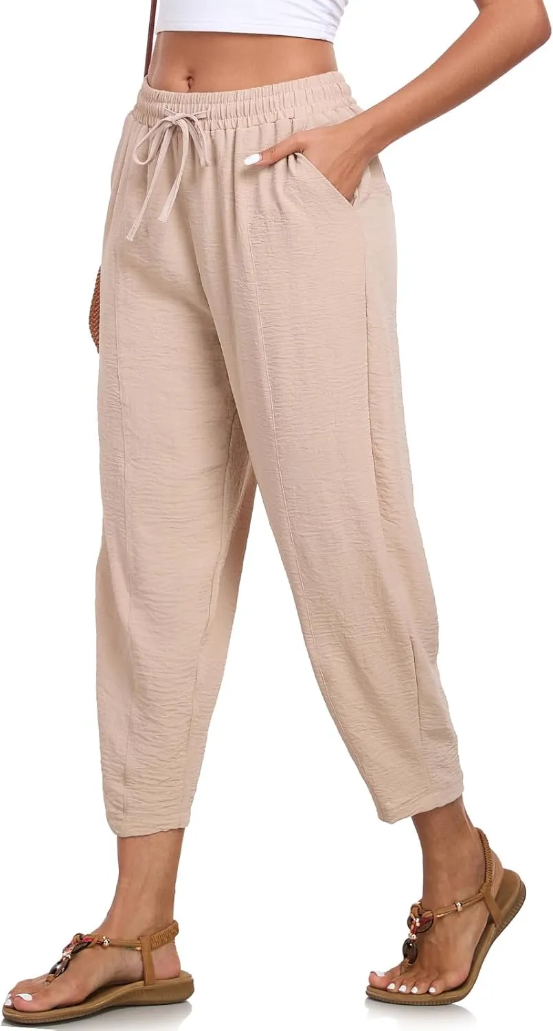 Womens High Waisted Baggy Pants Drawstring Elastic Waisted Ankle Length Pants Palazzo Casual Trouser with Pockets