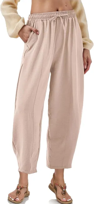 Womens High Waisted Baggy Pants Drawstring Elastic Waisted Ankle Length Pants Palazzo Casual Trouser with Pockets