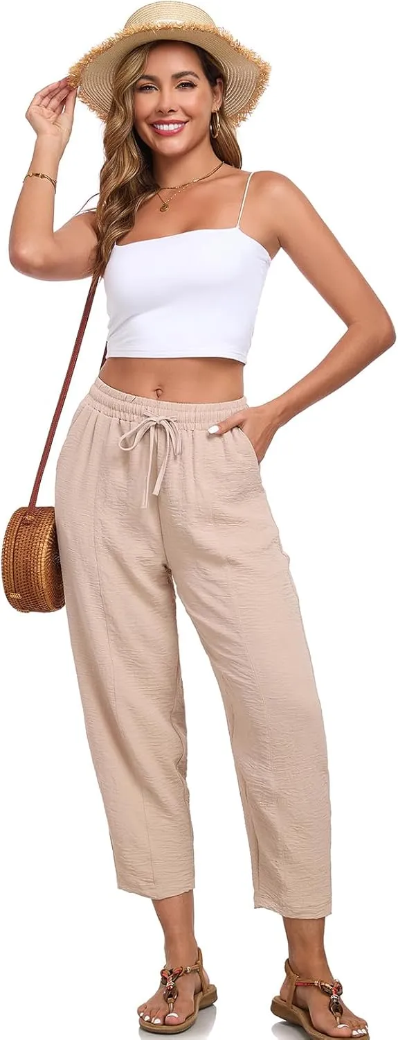 Womens High Waisted Baggy Pants Drawstring Elastic Waisted Ankle Length Pants Palazzo Casual Trouser with Pockets