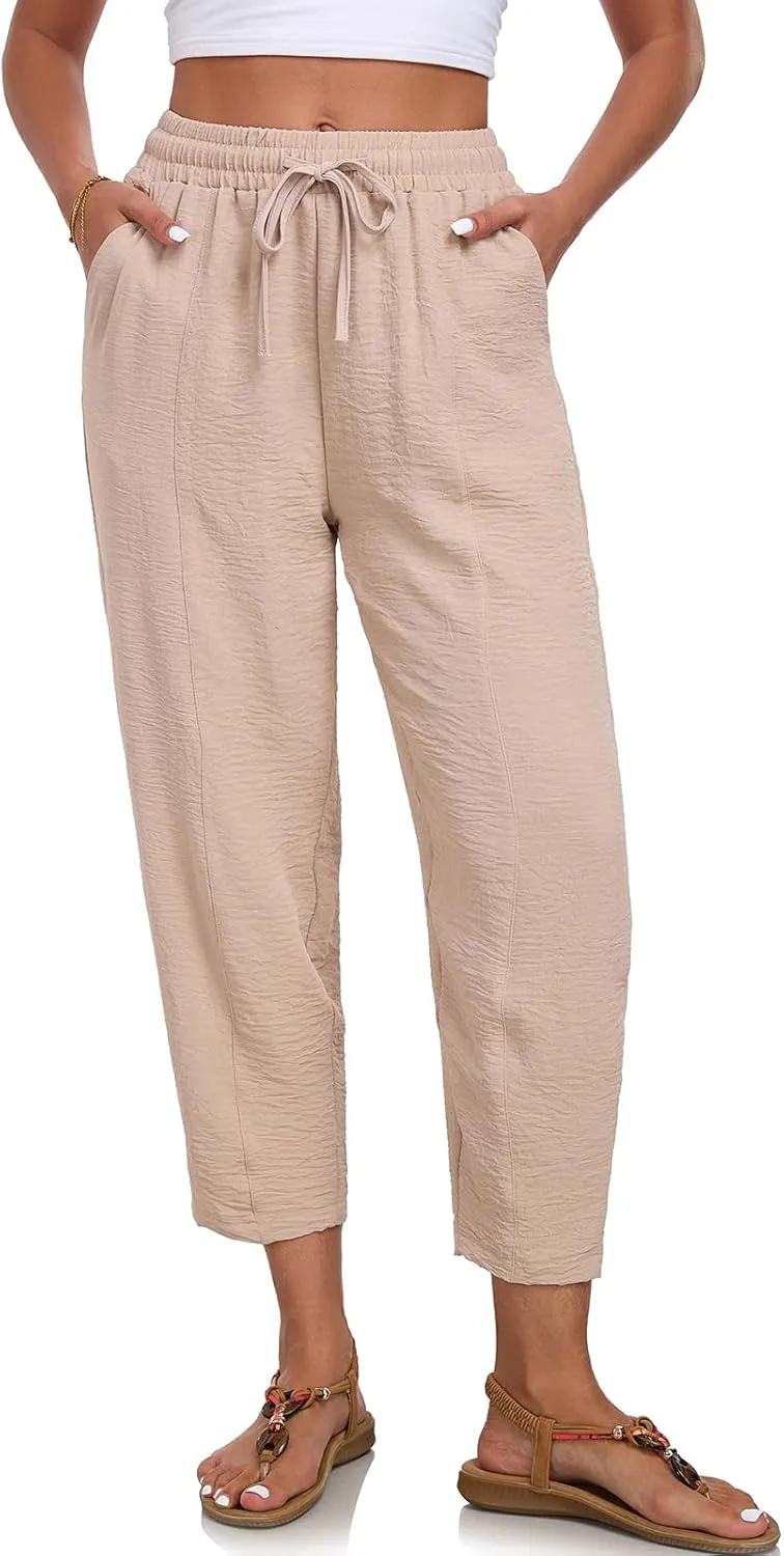 Womens High Waisted Baggy Pants Drawstring Elastic Waisted Ankle Length Pants Palazzo Casual Trouser with Pockets