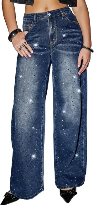 Womens High Waisted Rhinestone Jeans Straight Chic Wide Leg Bling Black Denim Pants Teen Girls Loose Fit Pearl Jeans