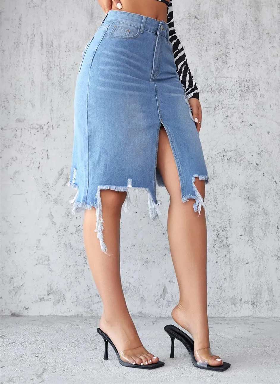 Women's Irregular Frayed Raw Hem Ripped Denim Skirt Front Slit Tassel Vintage Jeans Midi Skirts