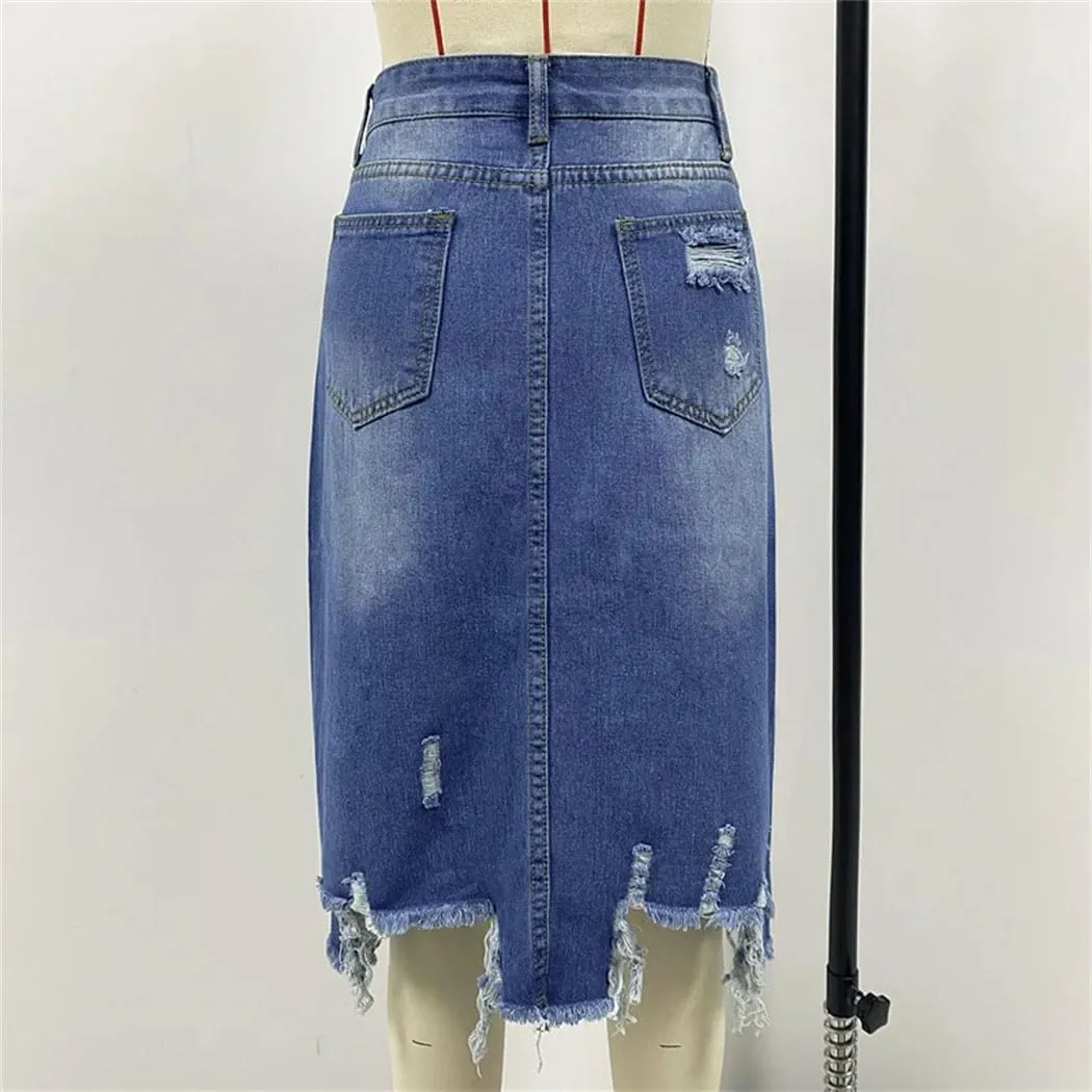 Women's Irregular Frayed Raw Hem Ripped Denim Skirt Front Slit Tassel Vintage Jeans Midi Skirts