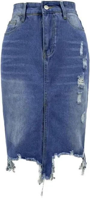 Women's Irregular Frayed Raw Hem Ripped Denim Skirt Front Slit Tassel Vintage Jeans Midi Skirts