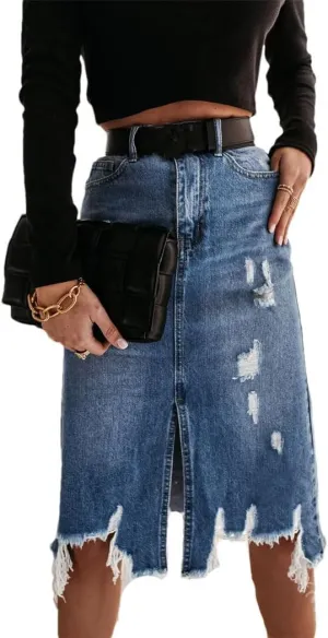 Women's Irregular Frayed Raw Hem Ripped Denim Skirt Front Slit Tassel Vintage Jeans Midi Skirts