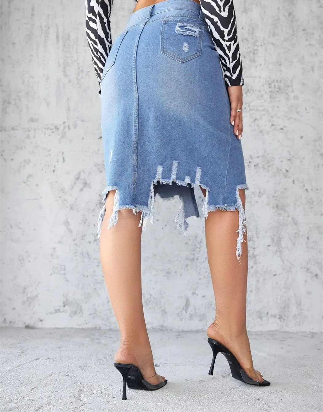 Women's Irregular Frayed Raw Hem Ripped Denim Skirt Front Slit Tassel Vintage Jeans Midi Skirts
