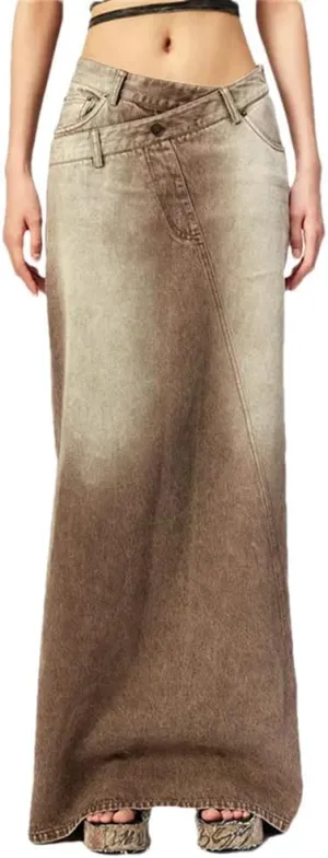 Women's Irregular Waist Slim-Fit Wrap Hip Long Skirt Vintage Gradual Color Denim Skirts