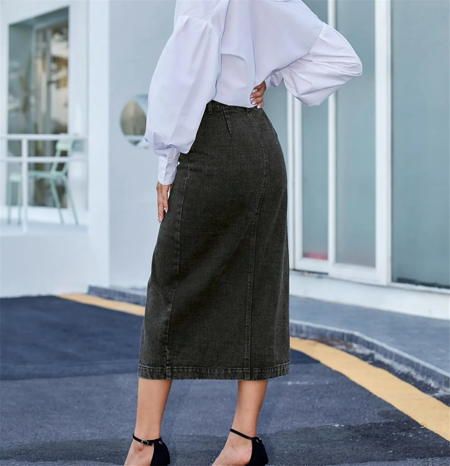 Womens Jean Skirt, Casual Slit Slim Fit High Waisted Button Up Denim Midi Jean Skirt