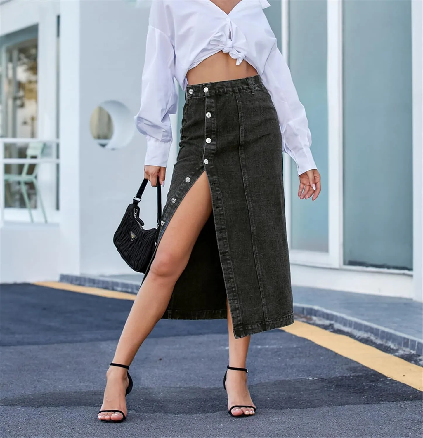 Womens Jean Skirt, Casual Slit Slim Fit High Waisted Button Up Denim Midi Jean Skirt
