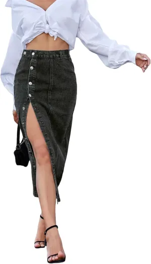 Womens Jean Skirt, Casual Slit Slim Fit High Waisted Button Up Denim Midi Jean Skirt