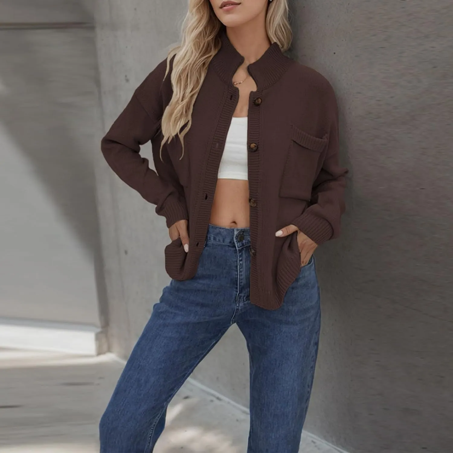 Women's Knitted Cardigans Sweaters Stand Collar Button Sweater Coat Open Front Cardigans Pullover Lightweight Outwear