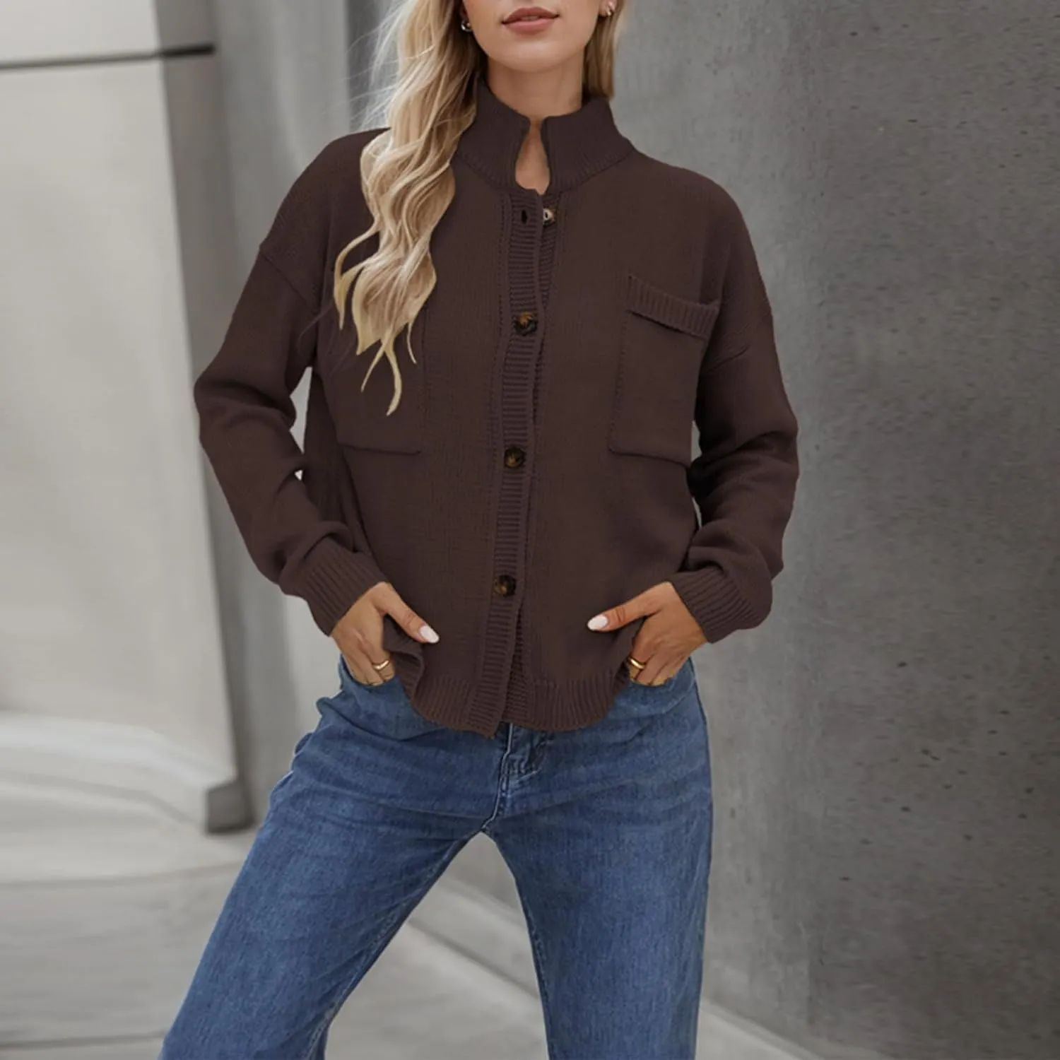 Women's Knitted Cardigans Sweaters Stand Collar Button Sweater Coat Open Front Cardigans Pullover Lightweight Outwear