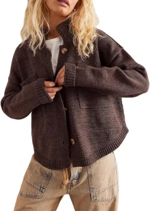 Women's Knitted Cardigans Sweaters Stand Collar Button Sweater Coat Open Front Cardigans Pullover Lightweight Outwear