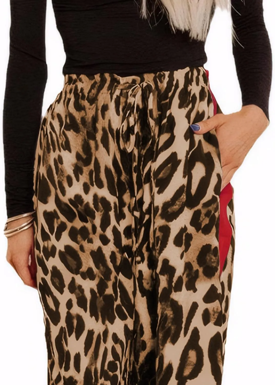 Women's Leopard Print Pants Drawstring Color Block Side Striped Pants Y2K Cheetah Wide Leg Trousers with Pockets
