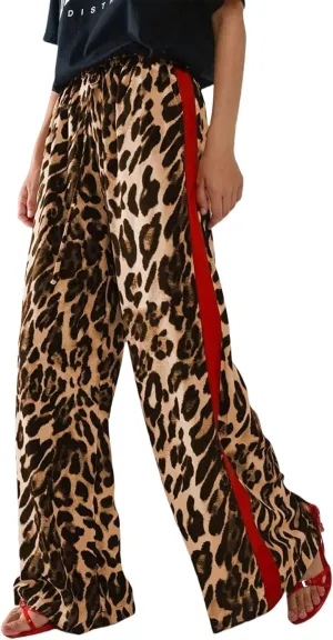 Women's Leopard Print Pants Drawstring Color Block Side Striped Pants Y2K Cheetah Wide Leg Trousers with Pockets