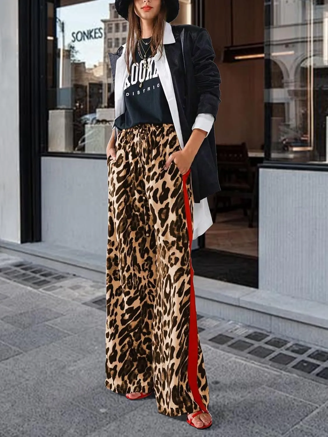 Women's Leopard Print Pants Drawstring Color Block Side Striped Pants Y2K Cheetah Wide Leg Trousers with Pockets