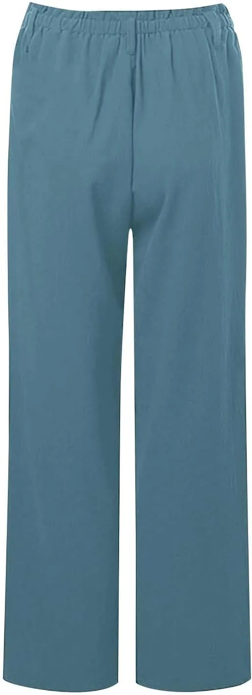 Women's Linen Pants Summer Cropped Wide Leg Trousers Pants Casual Lightweight Elastic Waist Work Pants with Pockets