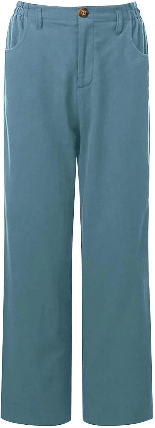 Women's Linen Pants Summer Cropped Wide Leg Trousers Pants Casual Lightweight Elastic Waist Work Pants with Pockets