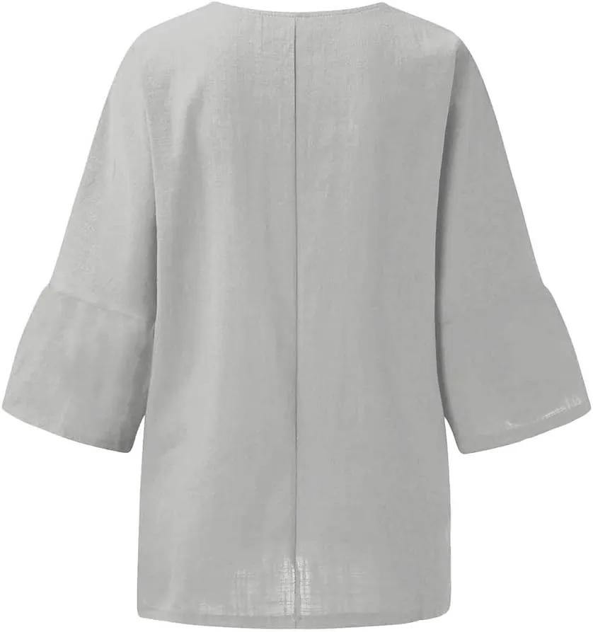 Women's Linen Shirts Casual 3/4 Sleeve Crewneck Solid Color Tunic Tops Loose Fit Plus Size Spring Fall Blouses
