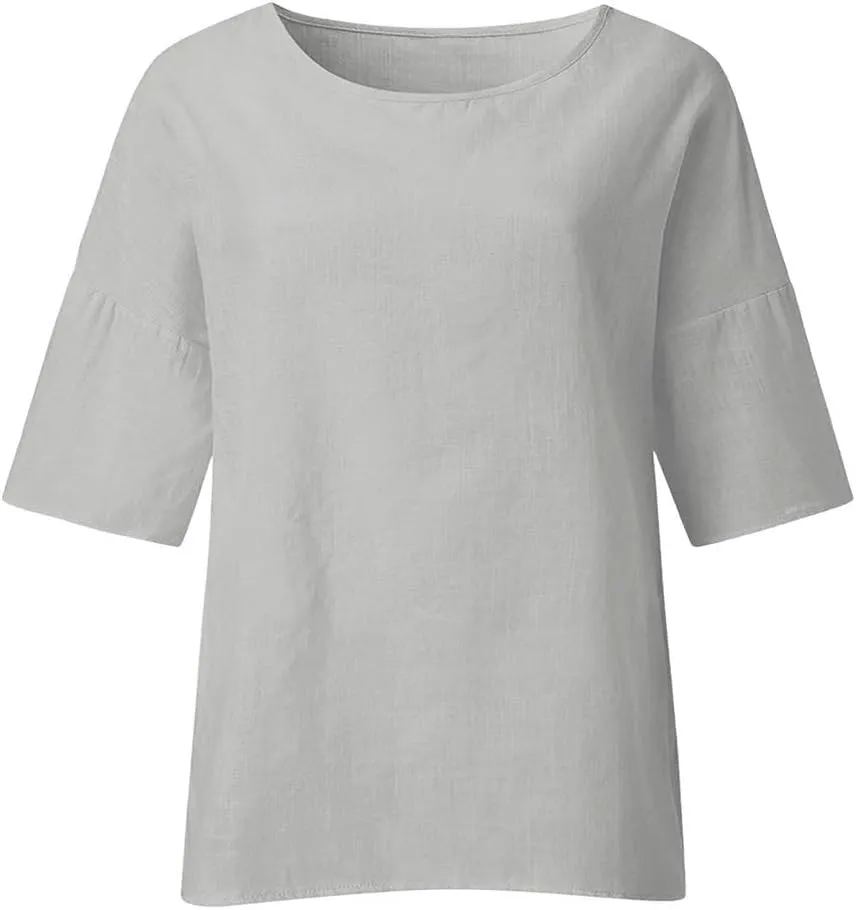 Women's Linen Shirts Casual 3/4 Sleeve Crewneck Solid Color Tunic Tops Loose Fit Plus Size Spring Fall Blouses