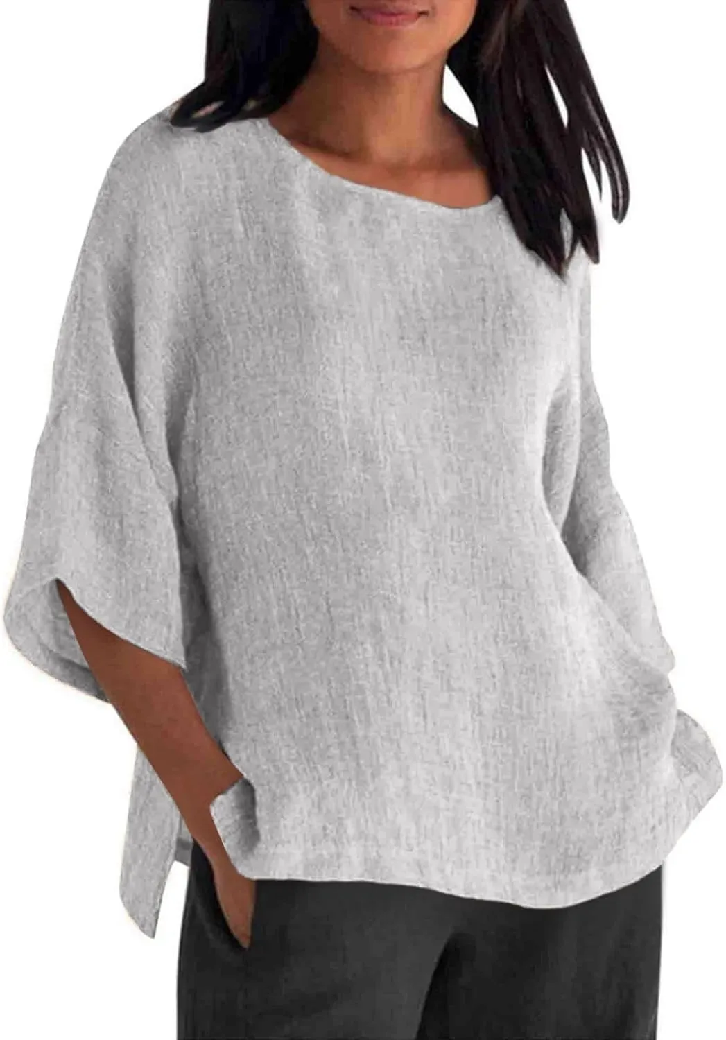 Women's Linen Shirts Casual 3/4 Sleeve Crewneck Solid Color Tunic Tops Loose Fit Plus Size Spring Fall Blouses