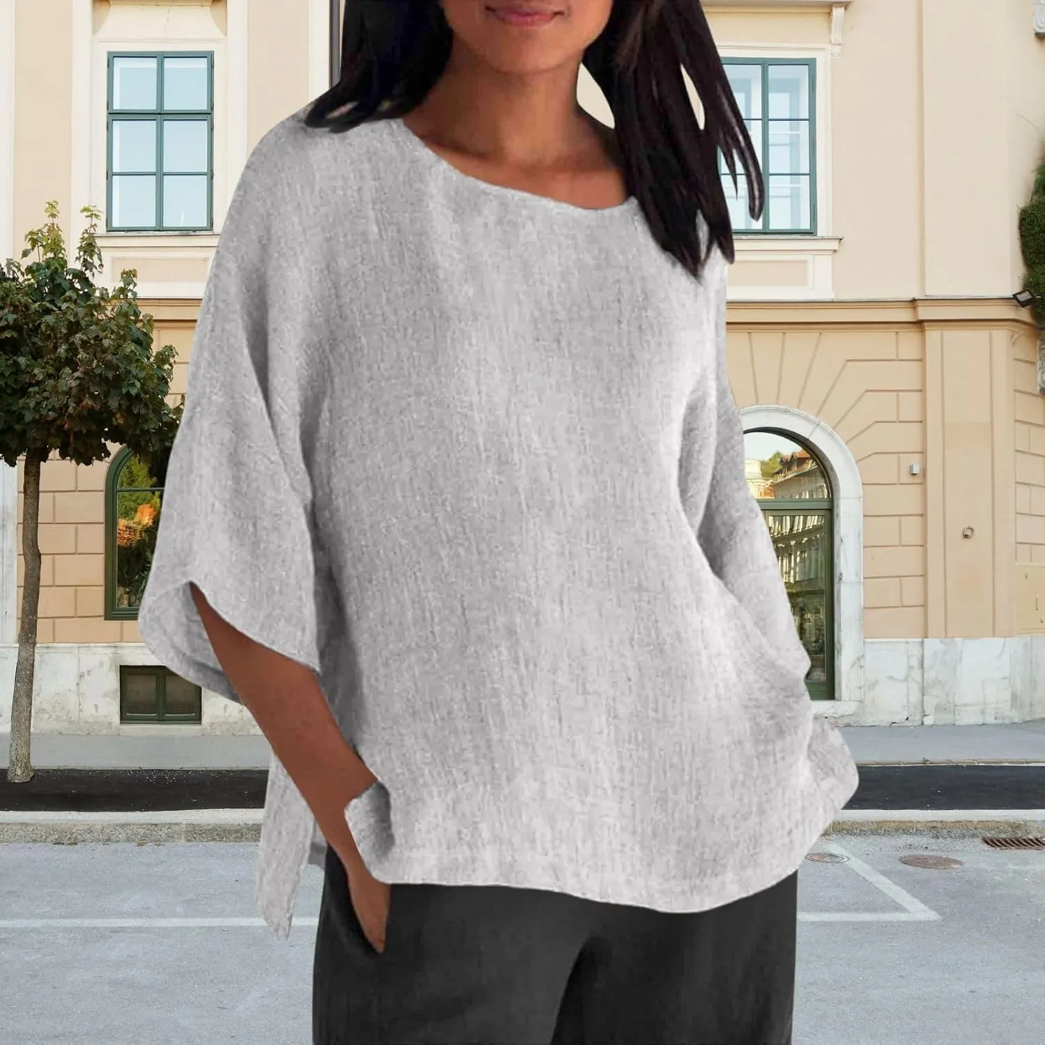 Women's Linen Shirts Casual 3/4 Sleeve Crewneck Solid Color Tunic Tops Loose Fit Plus Size Spring Fall Blouses