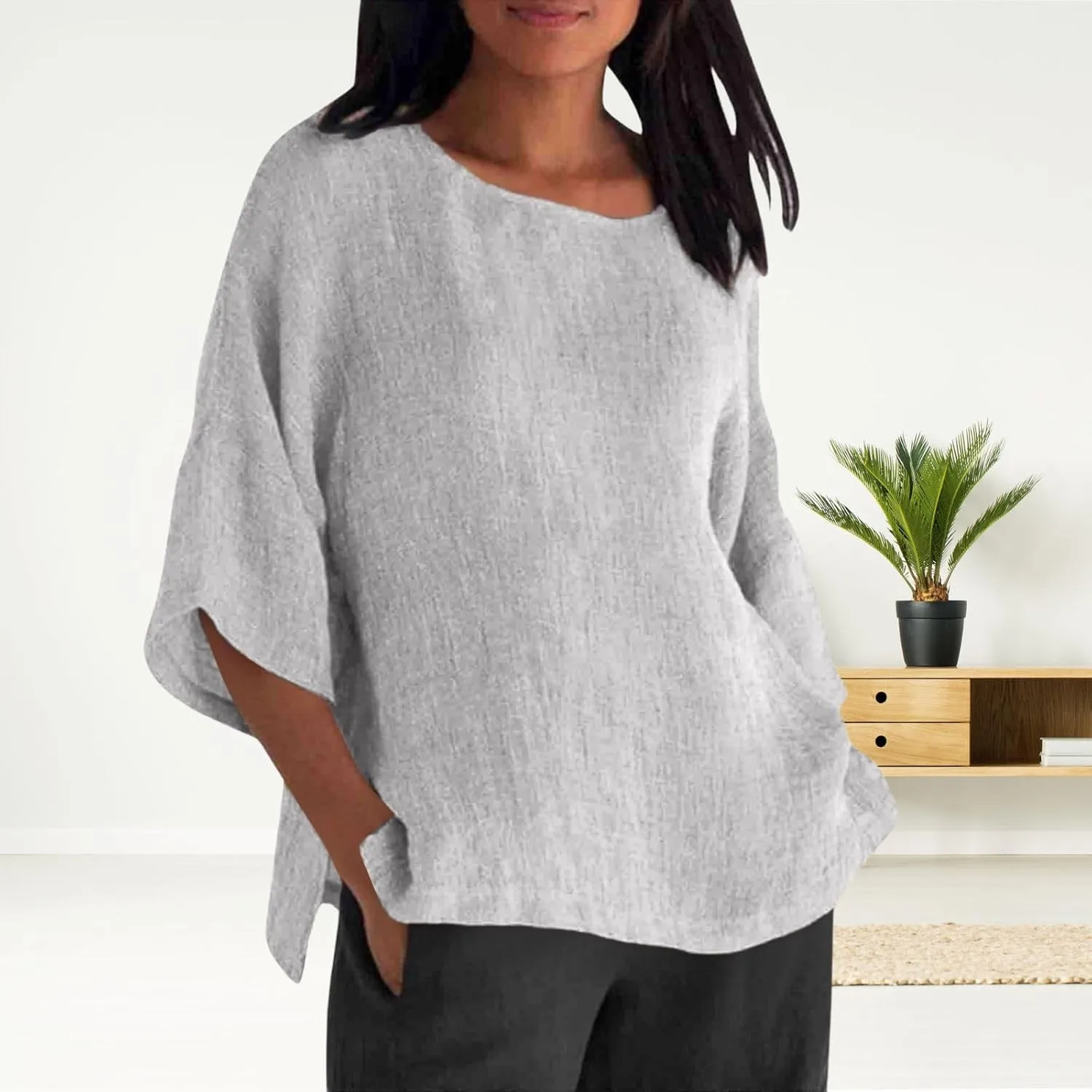Women's Linen Shirts Casual 3/4 Sleeve Crewneck Solid Color Tunic Tops Loose Fit Plus Size Spring Fall Blouses