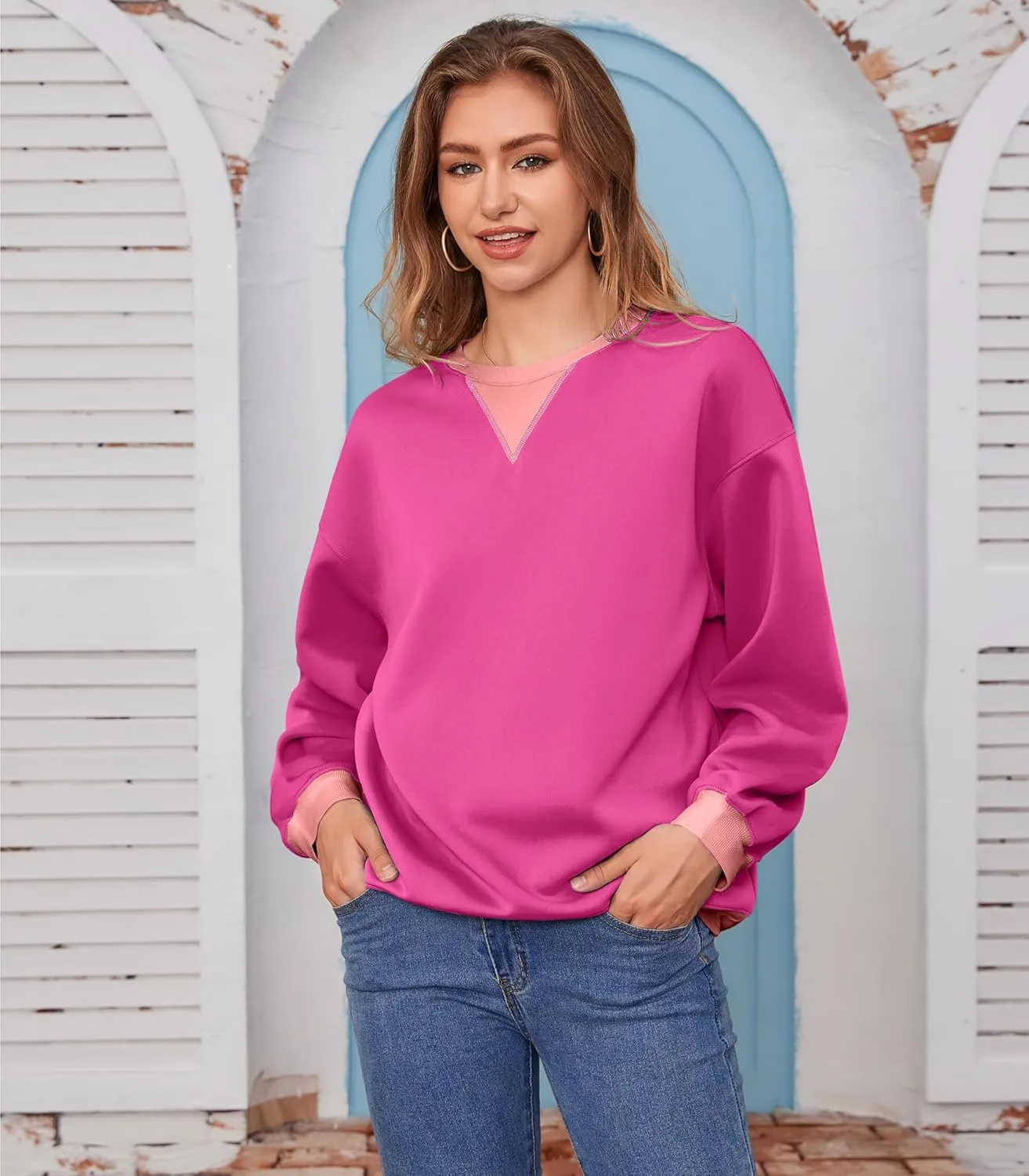 Womens Long Sleeve Color Block Sweatshirts Y2K Crew Neck Oversized Pullover Fall Sweaters Tops with Two Pockets