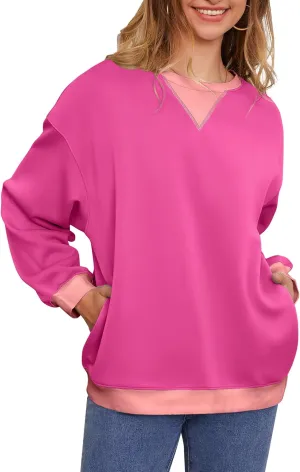 Womens Long Sleeve Color Block Sweatshirts Y2K Crew Neck Oversized Pullover Fall Sweaters Tops with Two Pockets