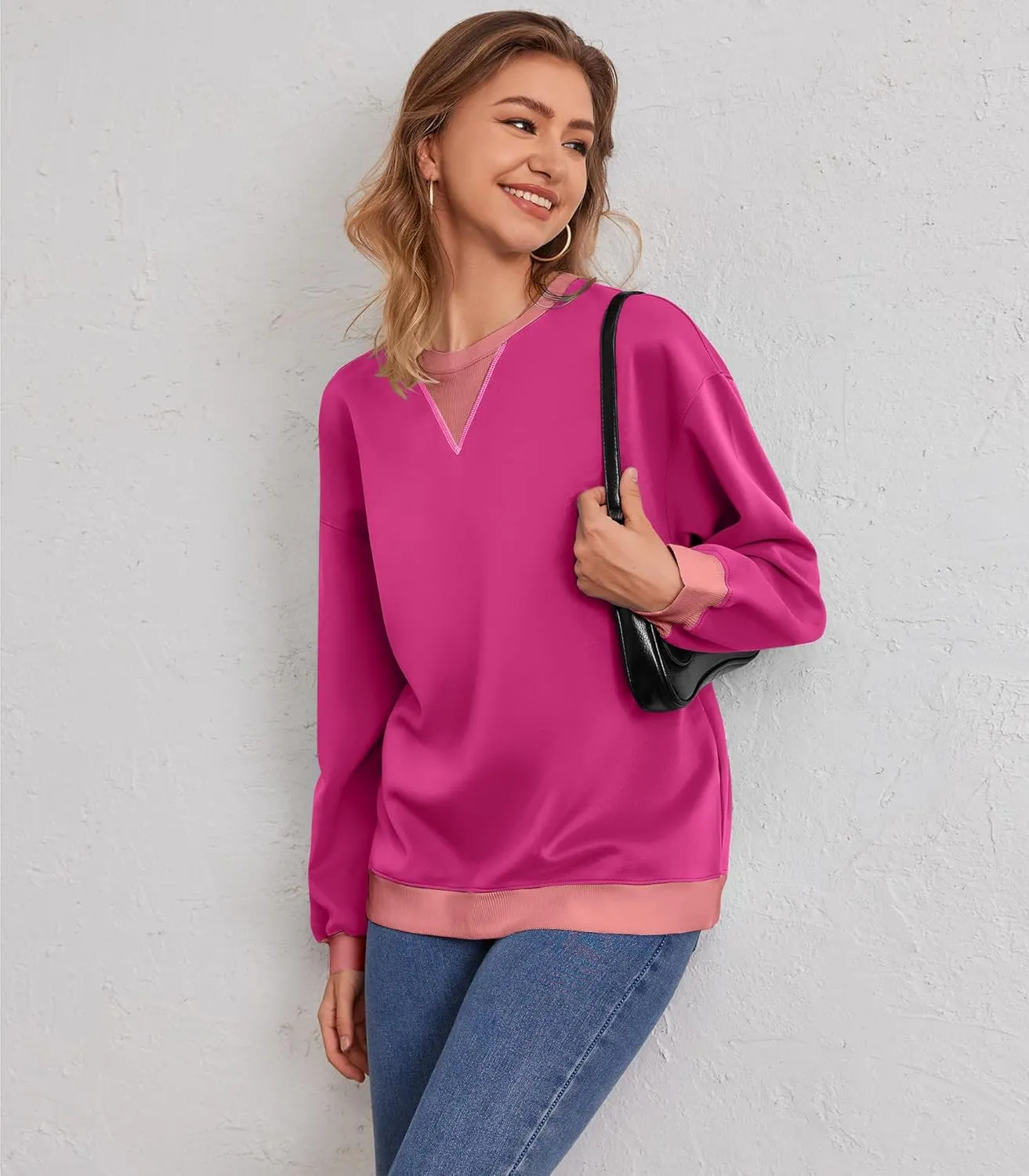 Womens Long Sleeve Color Block Sweatshirts Y2K Crew Neck Oversized Pullover Fall Sweaters Tops with Two Pockets