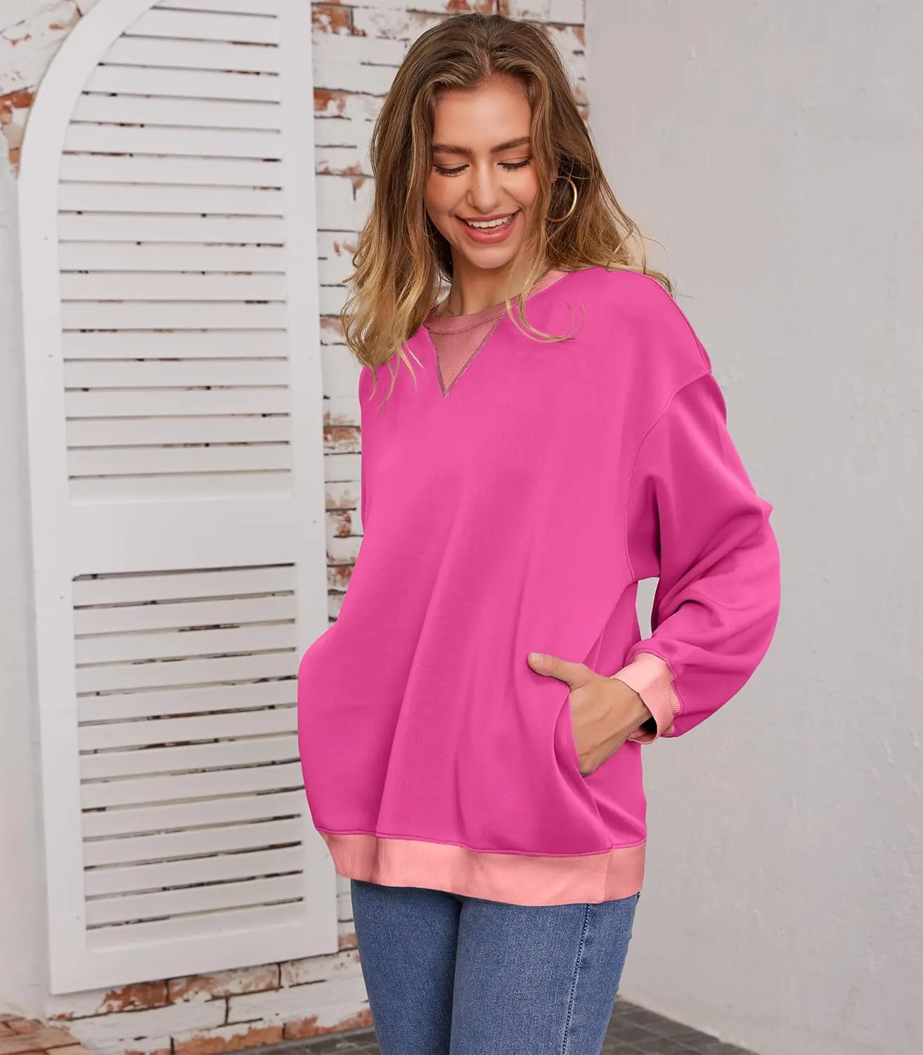 Womens Long Sleeve Color Block Sweatshirts Y2K Crew Neck Oversized Pullover Fall Sweaters Tops with Two Pockets