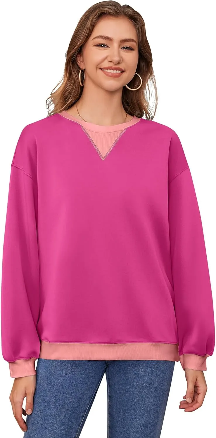Womens Long Sleeve Color Block Sweatshirts Y2K Crew Neck Oversized Pullover Fall Sweaters Tops with Two Pockets