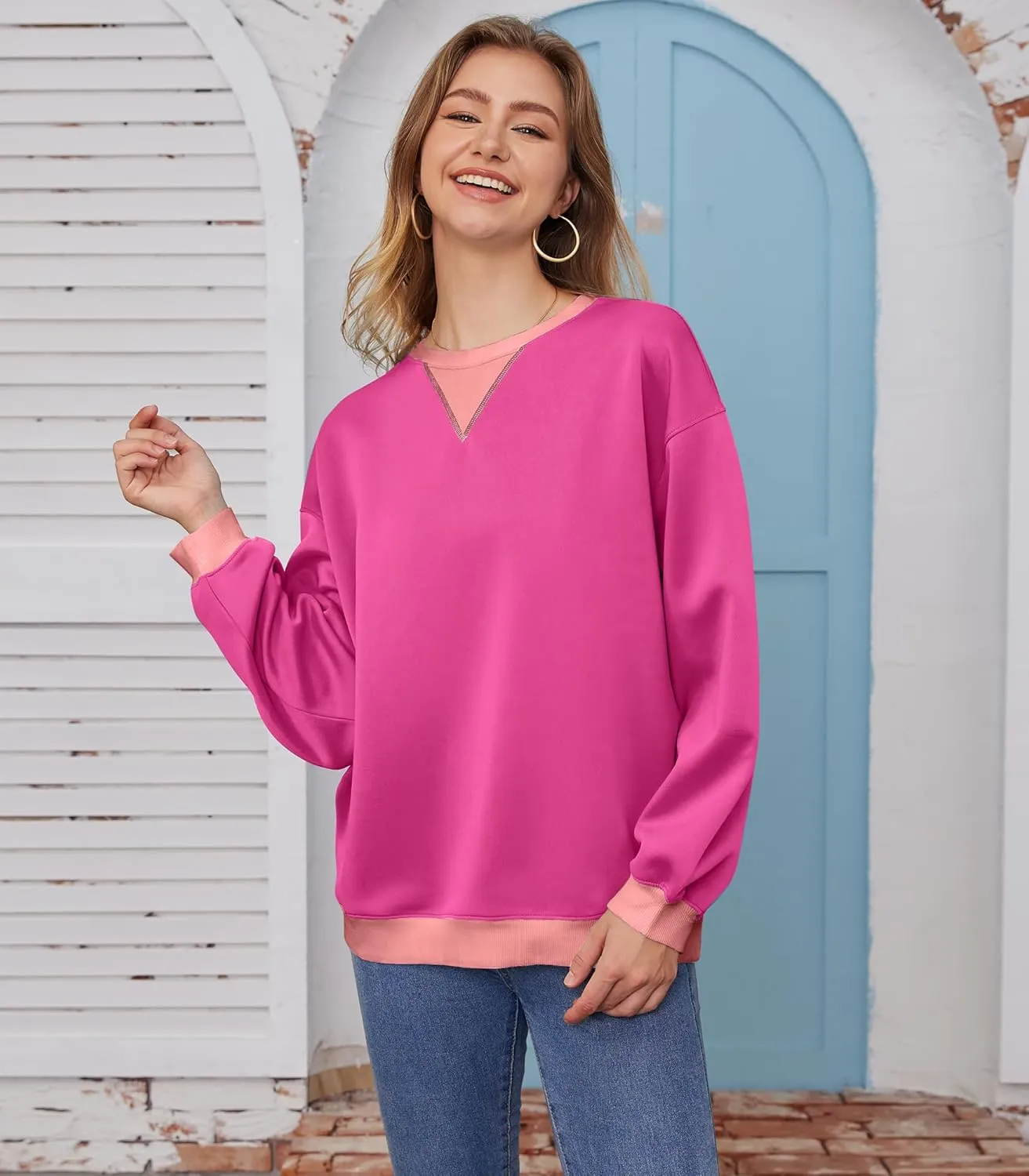 Womens Long Sleeve Color Block Sweatshirts Y2K Crew Neck Oversized Pullover Fall Sweaters Tops with Two Pockets