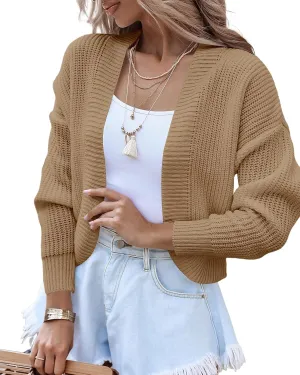 Women's Long Sleeve Open Front Knit Cropped Cardigan Sweaters Casual Drop Shoulder Short Shrugs Sweater Coats