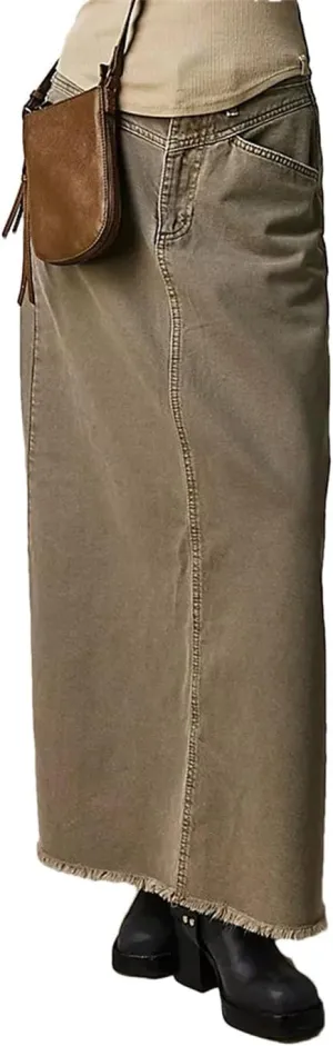 Women's Mid Waist Denim Skirt Solid Color Long A-Line Skirt with Pockets for School Work Shopping