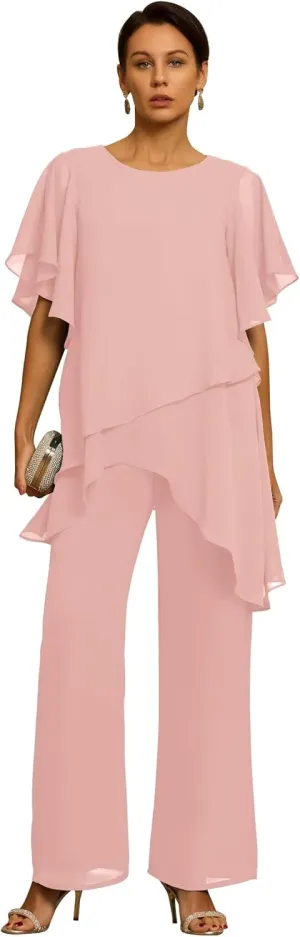 Women's Mother of The Bride Pant Suits 2 Pieces Chiffon Outfit Sets for Wedding Guest Evening Gowns
