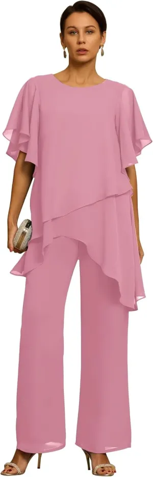 Women's Mother of The Bride Pant Suits 2 Pieces Chiffon Outfit Sets for Wedding Guest Evening Gowns