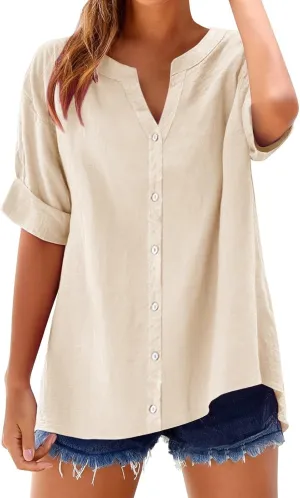 Women's Oversized Button Down Shirts Summer Cotton Linen Blouse V-Neck Short Sleeve Loose Tunic Tops Office Work Tees