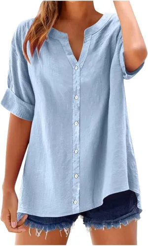 Women's Oversized Button Down Shirts Summer Cotton Linen Blouse V-Neck Short Sleeve Loose Tunic Tops Office Work Tees