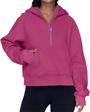 Womens Oversized Hoodies Spring Fall Casual Quarter Zip Hooded Pullover Kangaroo Pocket Thumb Hole