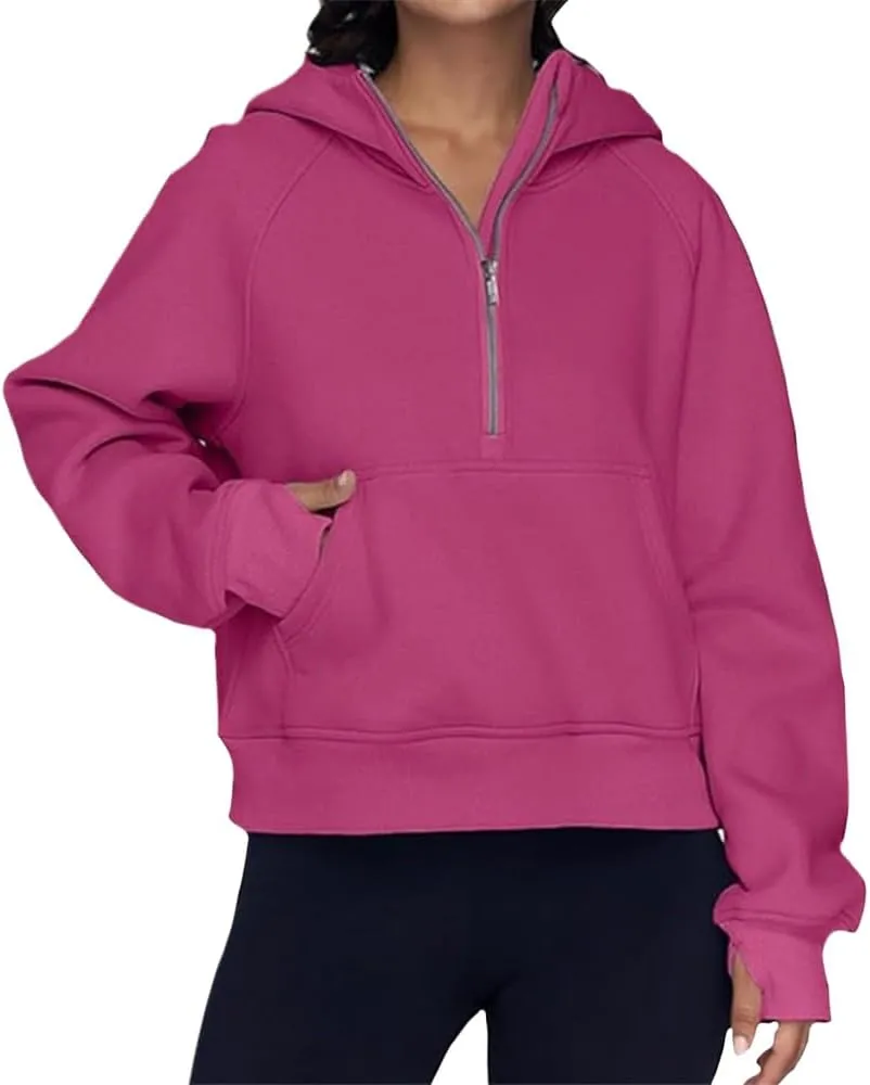 Womens Oversized Hoodies Spring Fall Casual Quarter Zip Hooded Pullover Kangaroo Pocket Thumb Hole