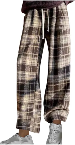 Women's Pajama Pants Plaid High Waisted Warm Fleece Cute Lounge Pants Y2k Vintage Baggy Wide Leg Drawstring Trousers
