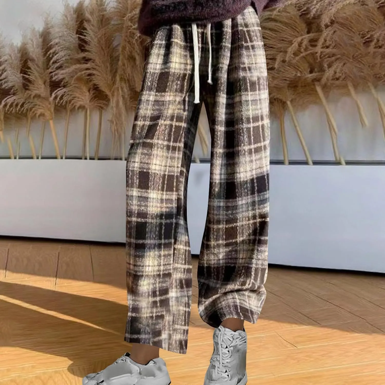 Women's Pajama Pants Plaid High Waisted Warm Fleece Cute Lounge Pants Y2k Vintage Baggy Wide Leg Drawstring Trousers