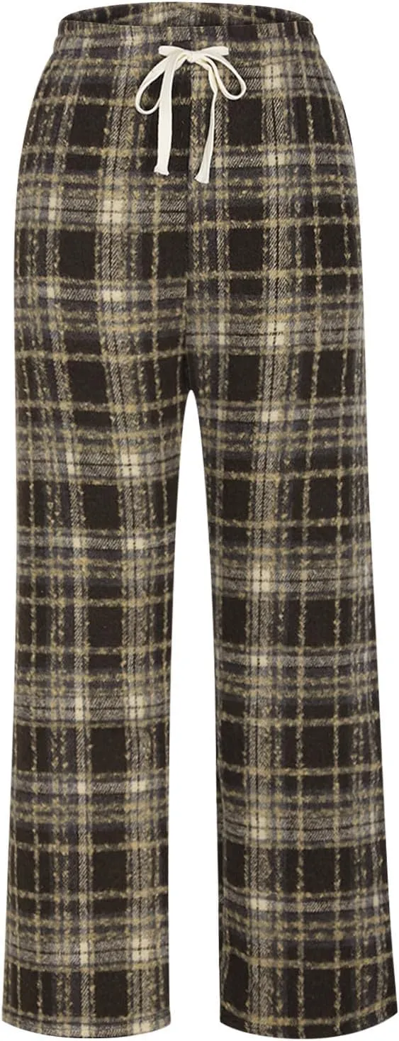 Women's Pajama Pants Plaid High Waisted Warm Fleece Cute Lounge Pants Y2k Vintage Baggy Wide Leg Drawstring Trousers