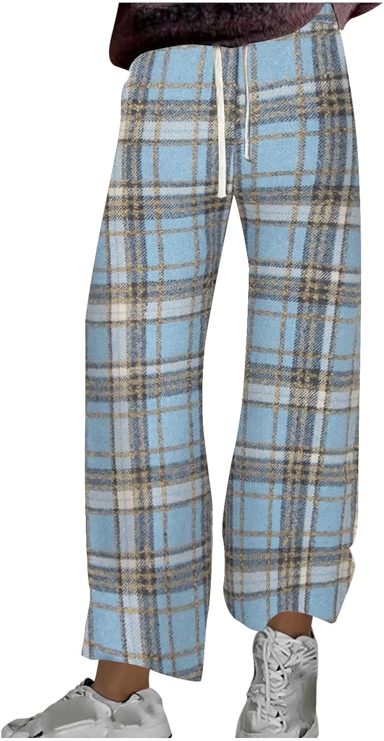 Women's Pajama Pants Plaid High Waisted Warm Fleece Cute Lounge Pants Y2k Vintage Baggy Wide Leg Drawstring Trousers