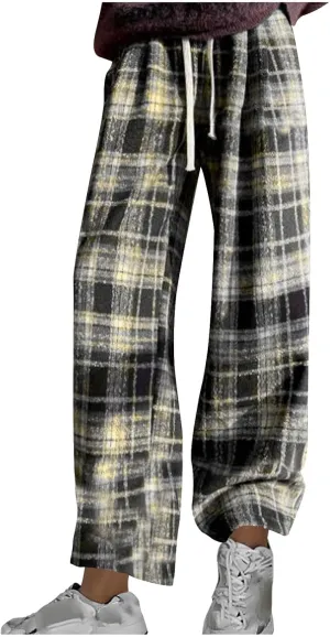 Women's Pajama Pants Plaid High Waisted Warm Fleece Cute Lounge Pants Y2k Vintage Baggy Wide Leg Drawstring Trousers