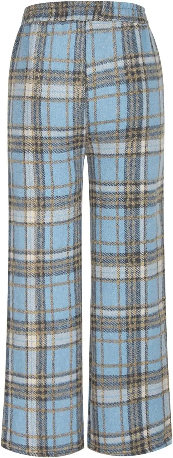 Women's Pajama Pants Plaid High Waisted Warm Fleece Cute Lounge Pants Y2k Vintage Baggy Wide Leg Drawstring Trousers
