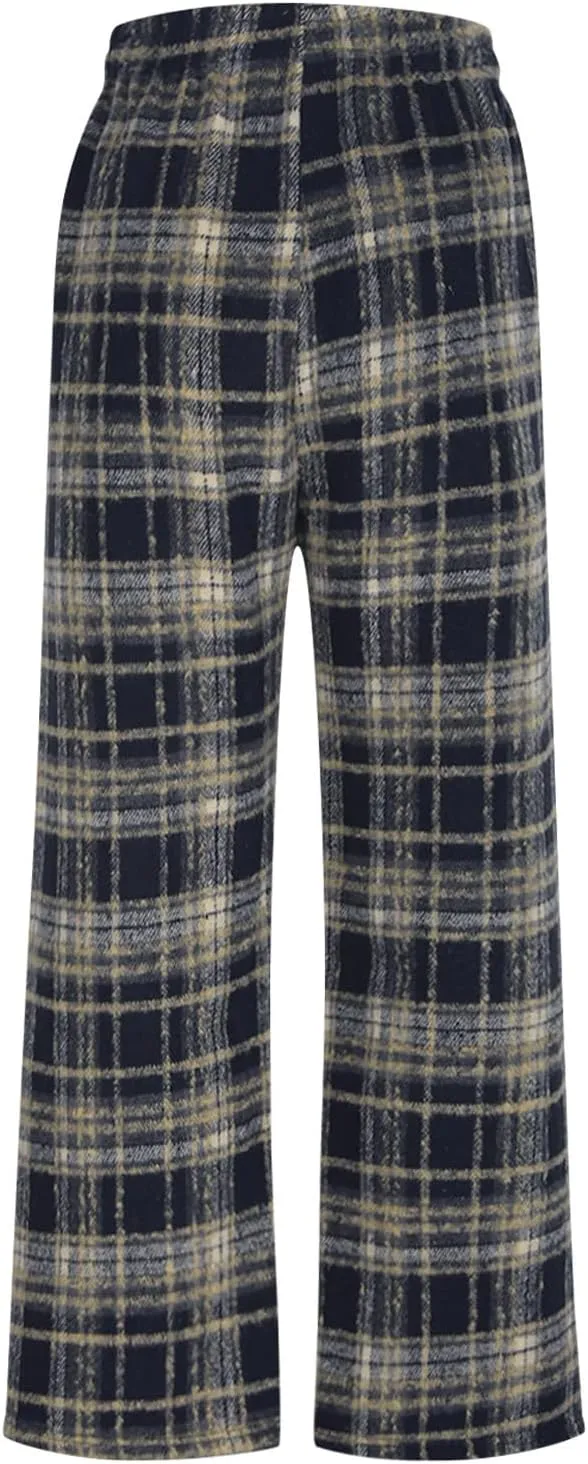 Women's Pajama Pants Plaid High Waisted Warm Fleece Cute Lounge Pants Y2k Vintage Baggy Wide Leg Drawstring Trousers