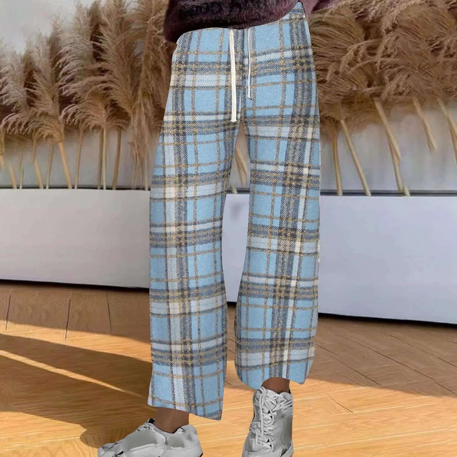 Women's Pajama Pants Plaid High Waisted Warm Fleece Cute Lounge Pants Y2k Vintage Baggy Wide Leg Drawstring Trousers