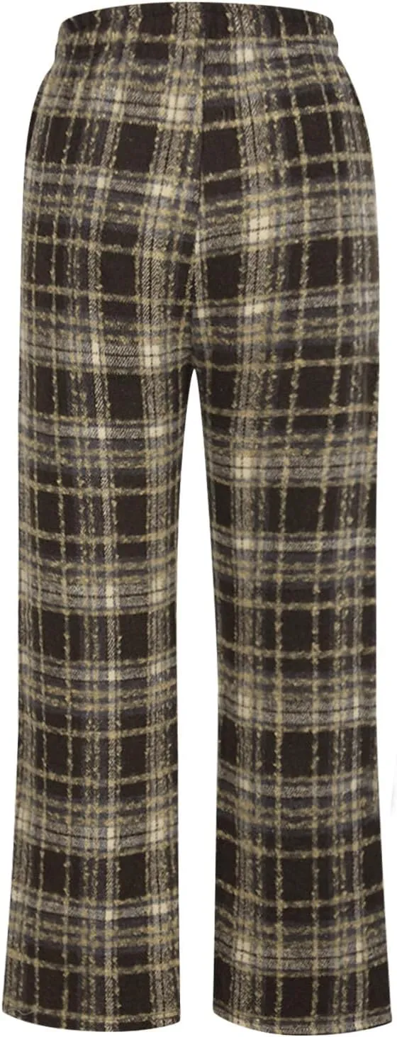 Women's Pajama Pants Plaid High Waisted Warm Fleece Cute Lounge Pants Y2k Vintage Baggy Wide Leg Drawstring Trousers